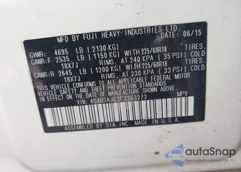 2015 Subaru Outback 2.5I Limited from USA, damaged, VIN 4S4BSAJC3F3353272